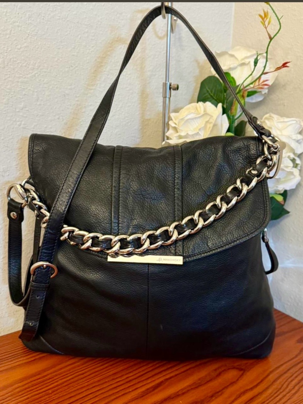 b. makowsky Black Leather Shoulder Bag with Chain Accent